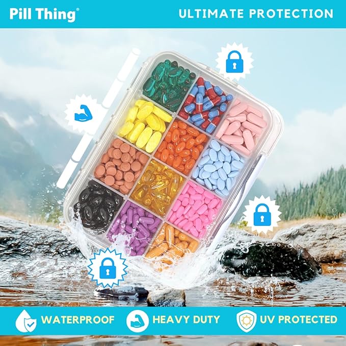 12 Compartment Large Pill Case with Airtight Seal - Silicone Gasket Waterproof Med Box with Medication Map & Medical Alert Card (Clear, 2 Pack)