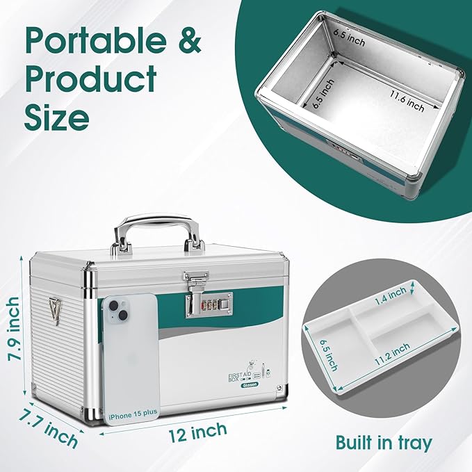 Glosen Medicine Lock Box with Combination Lock,Medication Lock box 【Medium 12 x 7.68 x 7.87 Inch】 Safe Lock Box,Medical Box Organizer