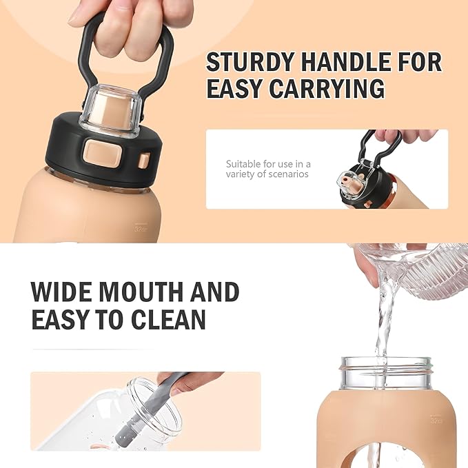 Kodrine Water Bottle With Straw and Carry Handle, Glass Water Bottle 24 oz Leak Proof Locking Lid with Soft Silicone Spout, Reusable Drinking Cups for Travel Sports with Time Marker,Amber