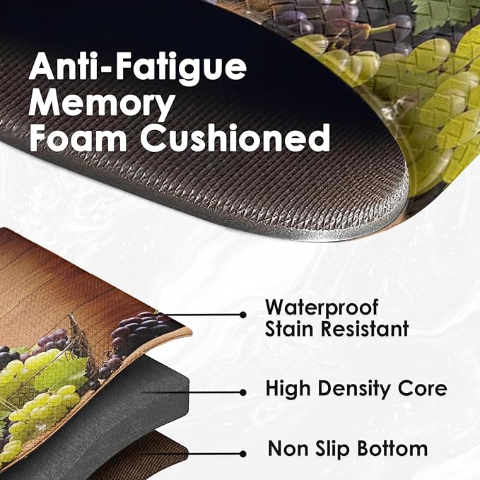 Anti-Fatigue Wine Kitchen Rug Set of 2 Cushioned Grape Mat for Floor, Vintage Standing Waterproof Non-Slip Rug PVC Ergonomic Comfort Foam Decor for Kitchen
