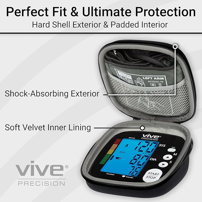 Vive Precision Blood Pressure Monitor Case - Hard Carrying Medical Travel Storage Bag - Universally Compatible Portable BPM Cuff, Health Accessories Pouch Replacement with Carrying Strap - Shockproof