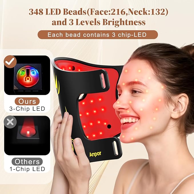 Red Light Therapy for Face and Neck Chest, Red Light Therapy Mask, 850nm Infrared Light, Rechargeable 2000mAh Red Light Mask with 348 LED Beads, 4 Modes, Timer for Anti-Aging, Wrinkles Repair (Black)