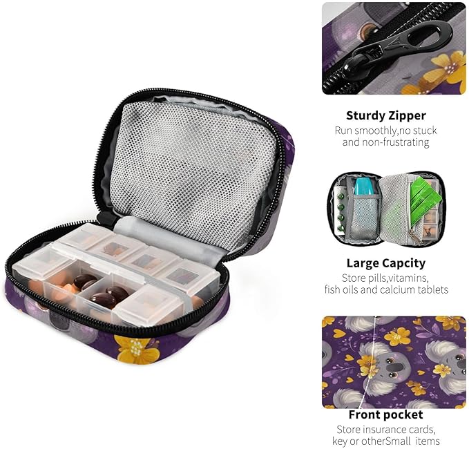Purple Koala Heads and Flowers Travel Pill Organizer Case Box Container Weekly Portable Vitamin Medicine Holder Storage Bag with Zipper Removable