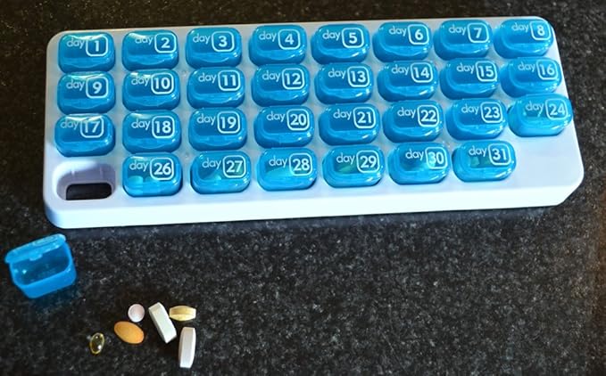 31 Day Monthly Pill Organizer with Pop Out Pocket Pill Pods and Storage Tray for Vitamins, Supplements, Home, Work or Travel - 2 Pack Blue