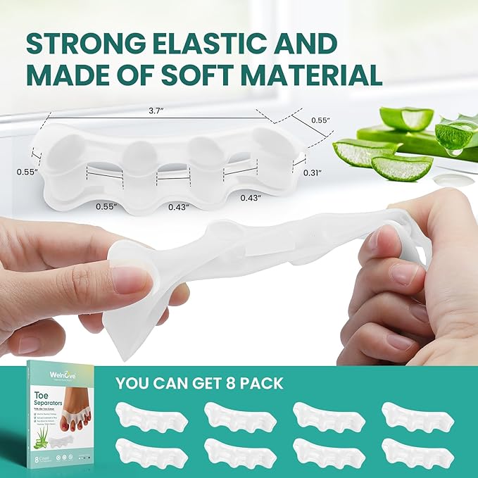 Welnove Toe Separators - 8 Pcs Toe Spacers for Women and Men - Restoring Toes to Their Original Shape - Silicone Toe Spreaders for Yoga Practice - Aloe Vera Infused