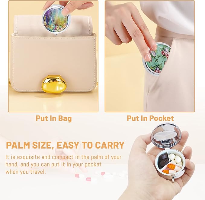 4 Pack Elegant Small Pill Box, 3 Compartments Pill Case for Purse Pocket with Mirror, Metal Travel Portable Medicine Tablet Vitamin Holder Organizer Container, Style A