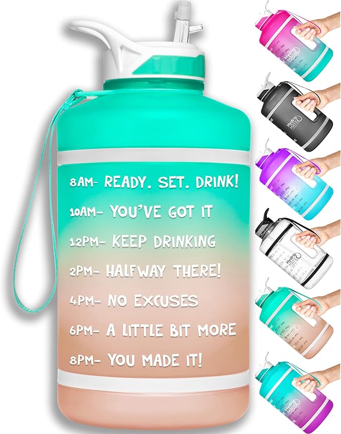 NatureWorks HydroMATE Half Gallon Water Bottle with Time Markers BPA Free Reusable Leak Proof Jug with Straw and Handle 64 oz
