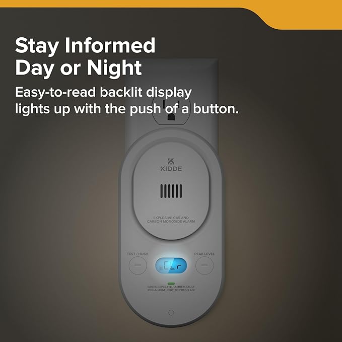 Kidde Carbon Monoxide + Explosive Gas, Natural Gas & Propane Alarm, Plug-in with AA Battery Backup, Digital Backlit Display, 85 dB Alarm, Rotating Plug, LED Status Indicators, 5th Edition, COPDLG