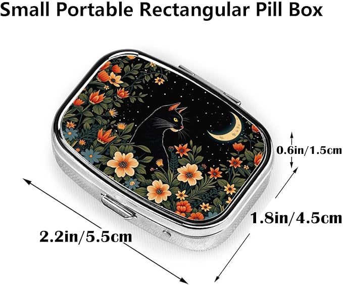 ABLESKY Pill Box, 2 Compartment Pill Organizer Case for Pocket or Purse, Small Portable Metal Travel Medicine Box with Mirror, Daily Vitamins Fish Oil Container-Cat and Moon Forest Floral