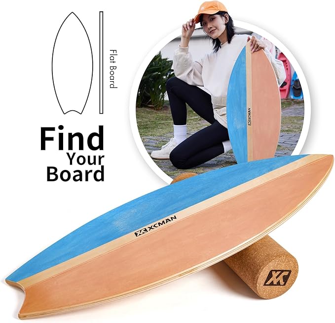 XCMAN Surf Balance Board Trainer with Roller Wooden Exercise Balancing Stability Trainer - Non Slip Surface for Adults Kids|Balance Board for Surfing,Snowboarding,Skateboarding,Hockey,Yoga Training
