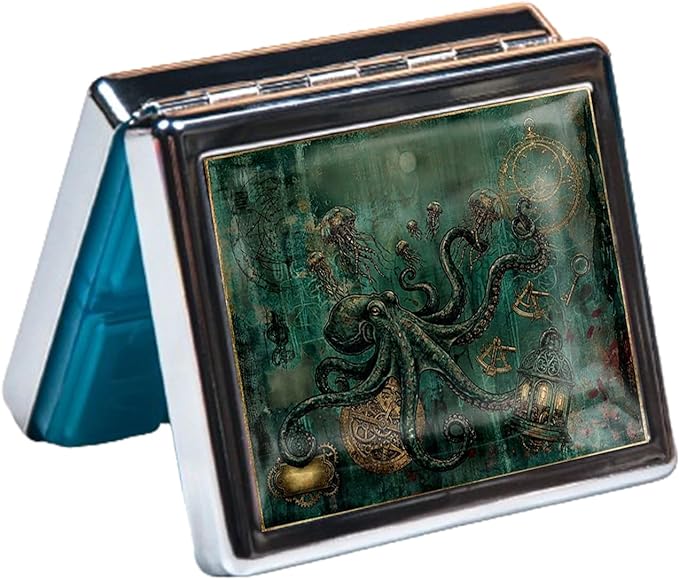 7 Days Chromed Shiny Silver Pill Organizer with Mirror Inside Has 8 Separate Compartments Rectangle Cute Travel Pill Organizer for Purse 7 Days (Dark-Colored Octopus)