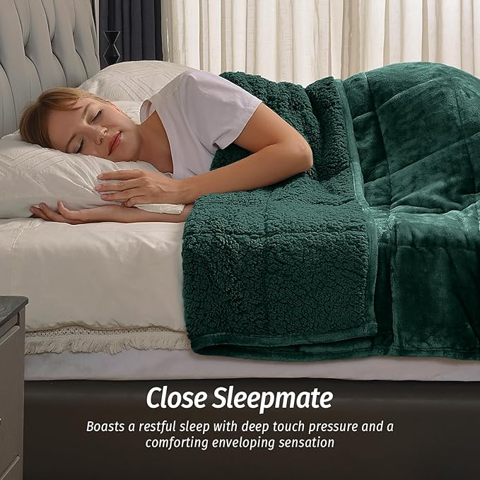 Wemore Sherpa Fleece Weighted Blanket for Adult, 15 lbs Dual Sided Cozy Fluffy Heavy Blanket, Ultra Fuzzy Throw Blanket with Soft Plush Flannel Top, 60 x 80 inches, Green on Both Sides