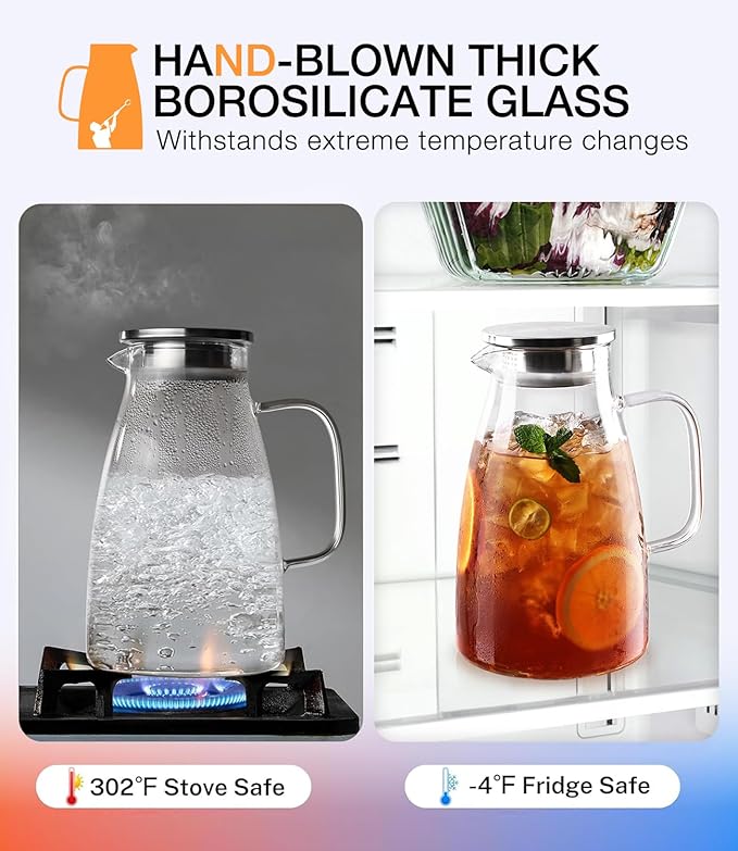 Glass Pitcher with Lid, 2 Liter 68oz Water Pitcher with Handle and Spout for Fridge, Borosilicate Glass for Iced Tea, Juice, Sangria, Cold/Hot Beverage, Large Jug