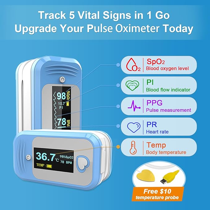AM801 Pulse Oximeter Medical Grade, High Precision Finger Oxygen Monitor Measures SpO2, Body Temperature, PR, Perfusion Index, Plethysmograph, Alarm for Abnormal Blood Oxygen for Home Clinic