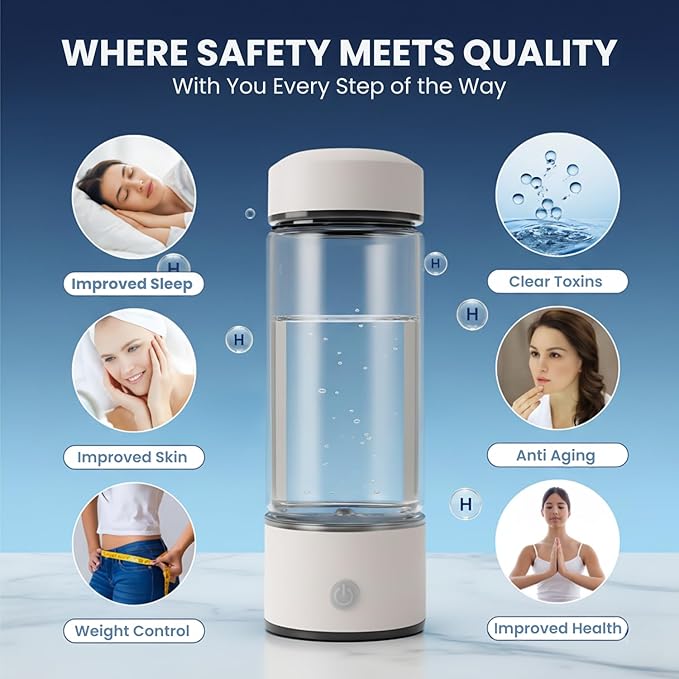Hydrogen Water Bottle, Portable & Rechargeable – Molecular Hydrogen Water Generator, Alkaline Ionizer, Hydrogenated Water Purifier for Health & Fitness with Hydrogen-Rich Water White