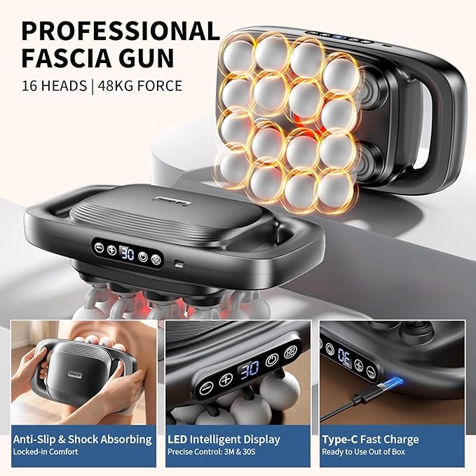 16 Head Massage Gun Deep Tissue, Gift for Husband 2026 Upgrade 48KG Force, 3 Modes & 30 Intensities, Quiet Portable with Dual Safety Protection for Neck Back Legs Waist Pain Relief