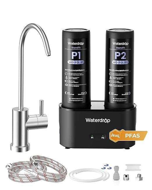 Waterdrop DLG-P Under Sink Water Filter System, Reduces PFAS Chlorine Chloramine Fluoride Odor, 2 Stage Under Sink Water Filtration System with Dedicated Faucet, 2-Outlet Filter, Life Indicator