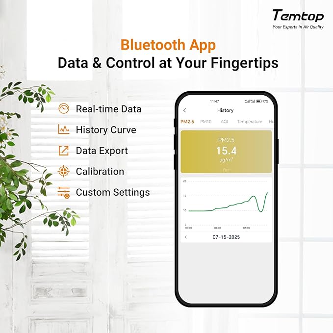 Temtop P1 Air Quality Monitor, PM2.5/PM10/Temperature/Humidity Sensor with Bluetooth App, AQI Tracking & Portable Design for Home, Office, Car, and Travel Use