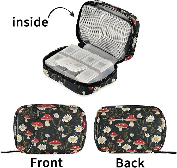 Fustylead Watercolor Amanita Mushrooms and Daisy Pill Organizers 2 Times A Day Pill Case Bag with Zipper Portable Weekly Pill Dispensers for Vitamin Supplement