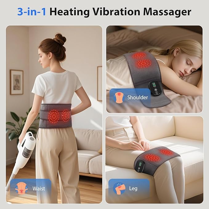 Lower Back Massager with Heat, Heating Pad for Back, Stomach Heating Pad, Waist Belt Wrap with Heat Vibration 3 Levels Adjustable, Touchscreen Control, Adjustable Size, Gifts for Parents (Grey)