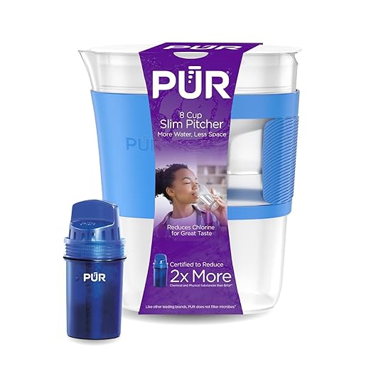 PUR Slim Water Filter Pitcher, 8-Cup Capacity, Compact Design for Dorms & Mini Fridges, Dishwasher Safe, Fast Filtration, Includes 1 Filter for Cleaner Great-Tasting Drinking Water Filtration, Blue