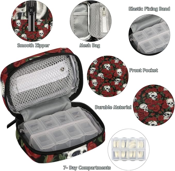 Skull Red Rose Pill Case Weekly Medicine Organizer with Travel Bag Seven-Day Pill Box Vitamin Supplement Box Fish Oil Pills Holder