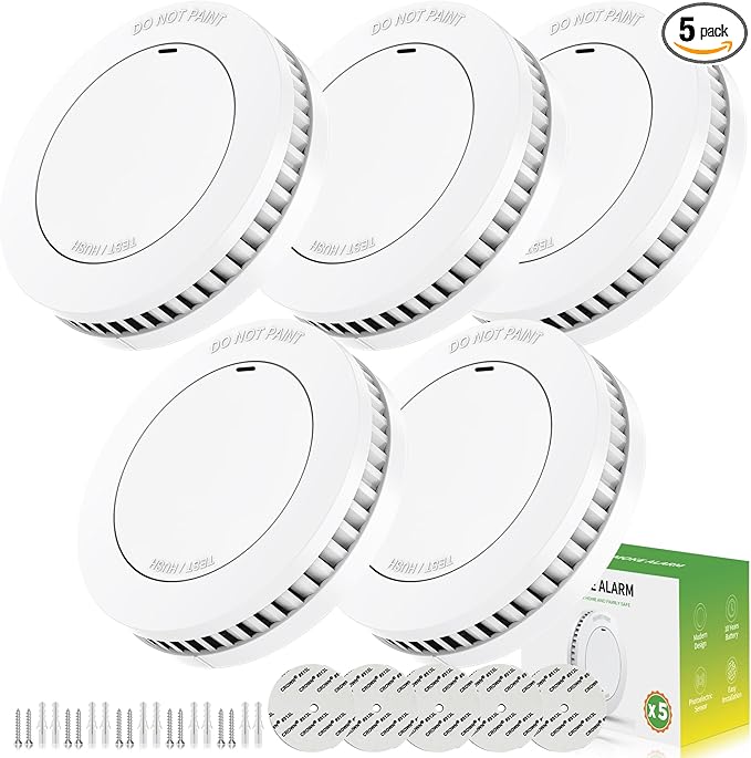 Smoke Detector10-Year Battery Powered Photoelectric with Test/Silence Button for Home Use (5 Pack)