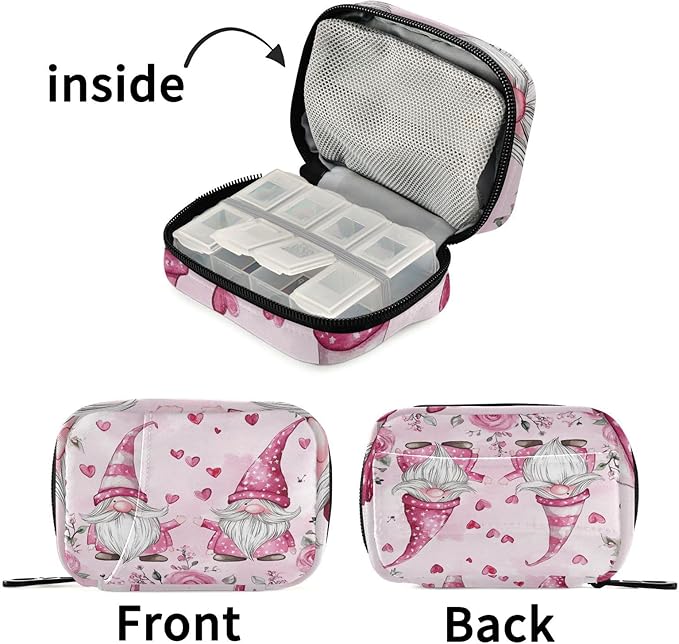 Travel Pill Case Gnomes with Roses Flowers Weekly Small Pill Box 7 Day Pill Box Pill Organizer Bag