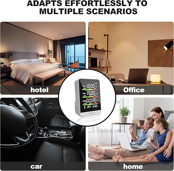 8-in-1 Air Quality Monitor | with Real-Time Temp, Humidity & Clock Display | Portable CO2, HCHO, TVOC, AQI Detector for Home, Office, Car