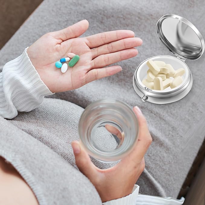 Molain 10Pcs Pill Organizer, Pill Box with Mirror, Portable Small Pill Case for Purse or Pocket, Cute Metal Pill Holder for Travel, Vitamins, Medication, Supplements