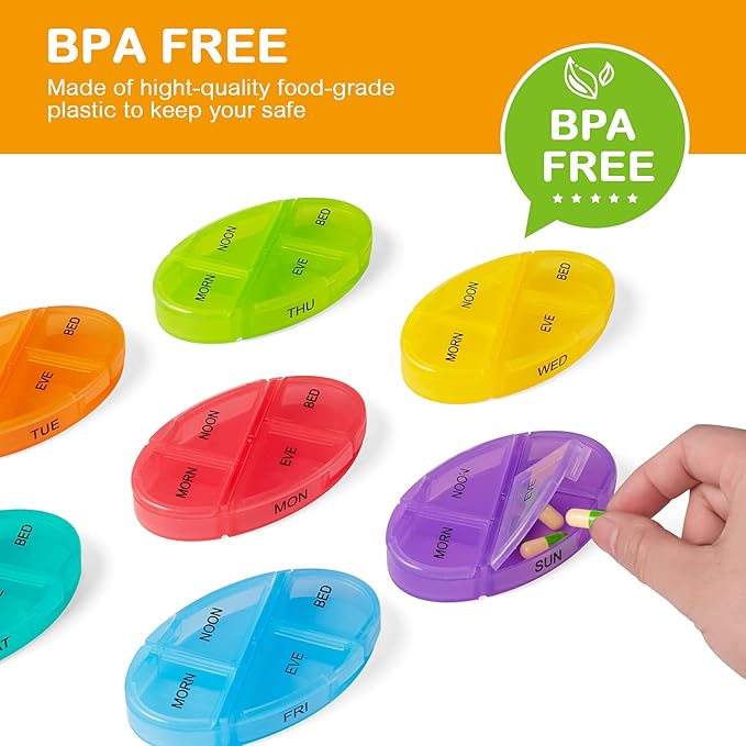 Weekly Pill Organizer 4 Times-A-Day, Portable 7 Day Pill Box Case with Large Separate Compartments to Hold Medication, Vitamins, Fish Oil and Supplements - Great for Travel