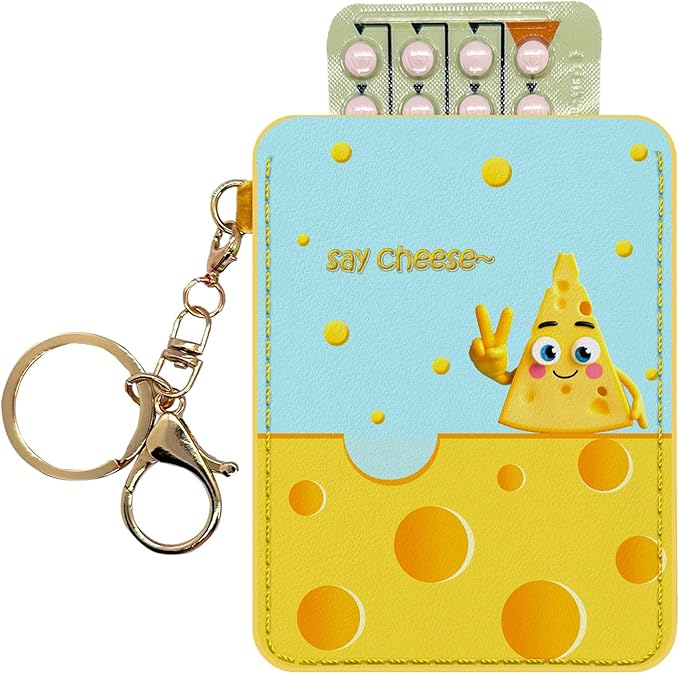 Discreet Birth Control Pill Case Holder - 4.3x3.3IN Portable Organizer with Detachable Metal Keychain, Cute Cheese Artwork Sleeve for Daily Protection (Fits Standard Pill Packs) (Yellow)
