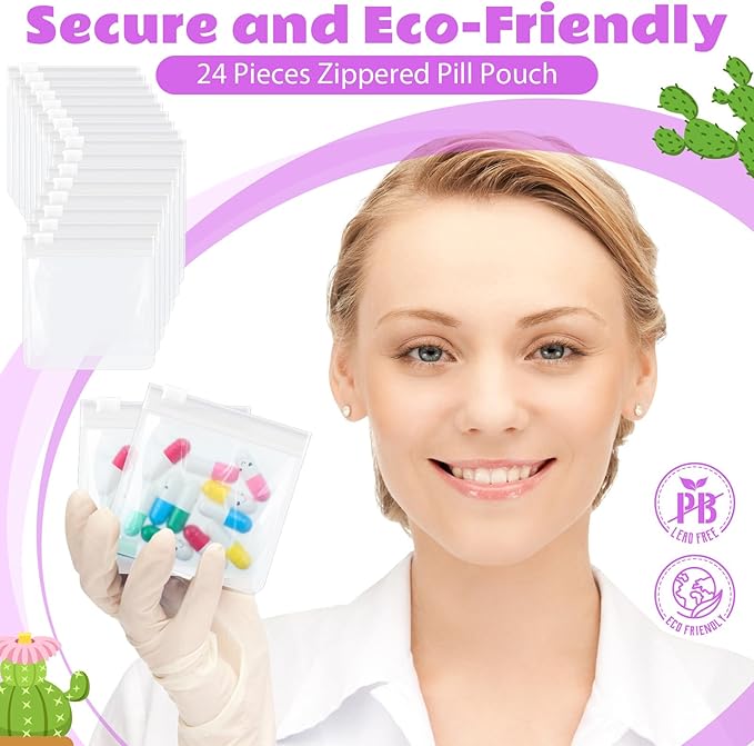 24 Pieces Pill Pouch Bags Zippered Set Reusable Translucent Medicine Organizer Sealing Travel Plastic Bags with Slide Lock for Storage(Clear)