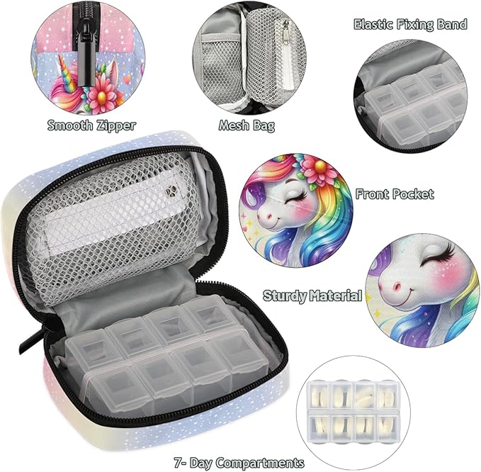Animal Flower Rainbow Unicorn Travel Pill Organizer Box Weekly Portable Pill Case Daily Pills 7 Day Small Birth Control Pills Container Removable Compartments for Medicine Vitamins Fish Oil
