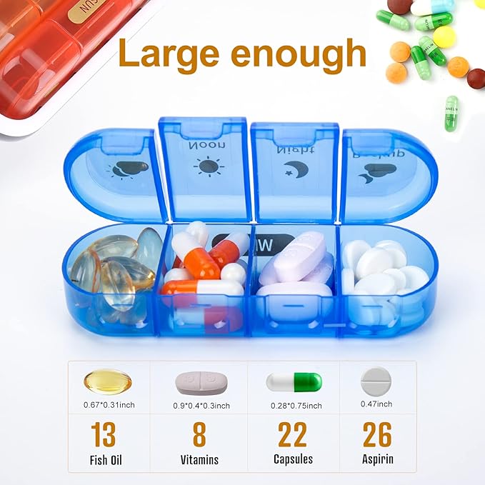 MURRI&MURRDI Pill Organizer 4 Times a Day, Daily Pill Box Large Weekly Medicine Case 7 Day Pill Dispenser Holder for Pills, Vitamins, Fish Oils, Medications, Supplements (28 Cells, Multicolored)