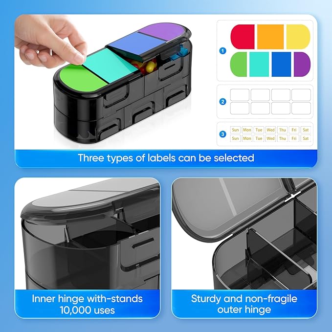 Weekly Pill Organizer, 2/3/4 Times a Day, Double-Sided Opening Design, Portable Pill Box for Storing Medication/Vitamins/Fish Oils/Supplements (Variable Grids White Black 2PC)