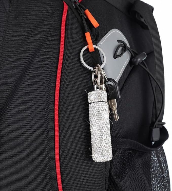Bling Rhinestone Pill Case Portable Waterproof Pocket Pill Holder Bottle Storage with Keychain for Travel, Outdoor, Camping (White)