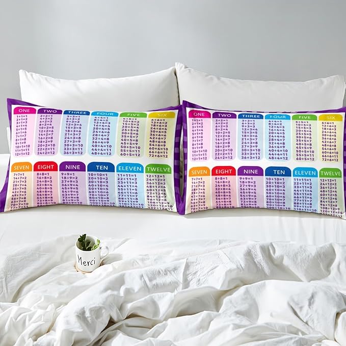 Feelyou Kids Educational Fitted Sheet Full Size, Division Bedding Set MathLearning Bed Sheet Set Boys Girls Preschool Teens Bedroom Decor (2 Pillow Cases and a Fitted Sheet)