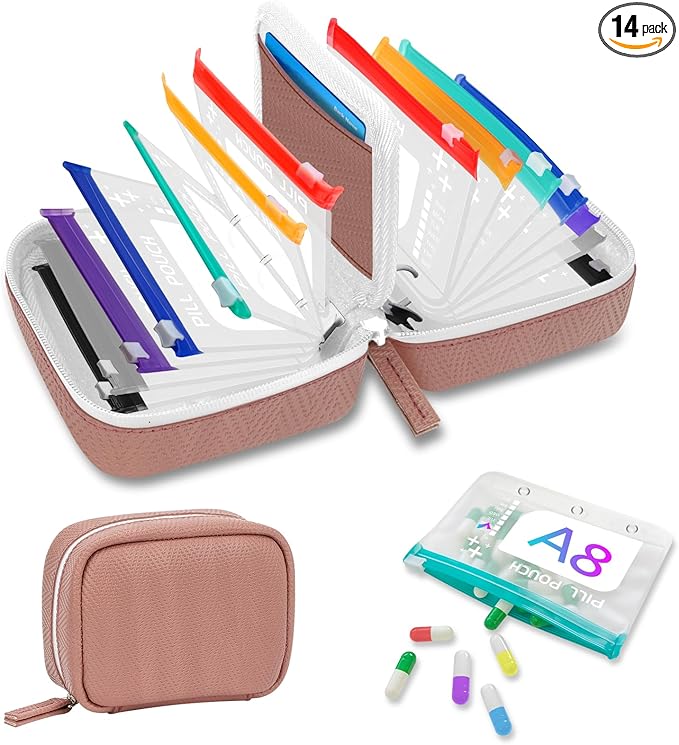 A8 Waterproof Pill Organizer Set, Twice-Daily Large Pill Organizer for Seven Days, Pill Storage with 14 Color-Coded Pouches, Reusable Travel Medicine Organizer