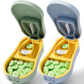 Pill Cutter for Small and Tiny Pills - Pill Splitter with Detachable Silicone Pad - Easy Open Snap Button. Wrap-Around Blade Guard Prevents Cuts. Back Storage (Green+Blue)