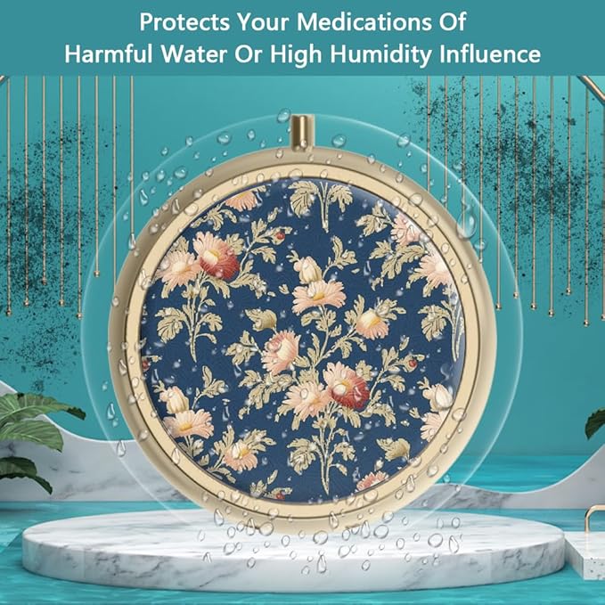 Pill Case Pill Box with Mirror Retro 3 Compartment Small Pill Case for Purse or Pocket Bronze Small Roud Pill Box or Vitamins, Fish Oil, Supplements, Pill Containe Travel Gifts（Retro Rose Floral）