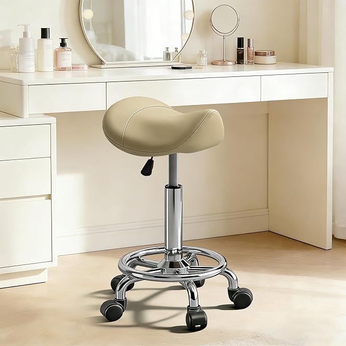 Saddle Stool with Ring Pedal, Adjustable Hydraulic Rolling Chair with Wheels for Medical, Massage, Salon, Spa, Kitchen, and Drafting Use
