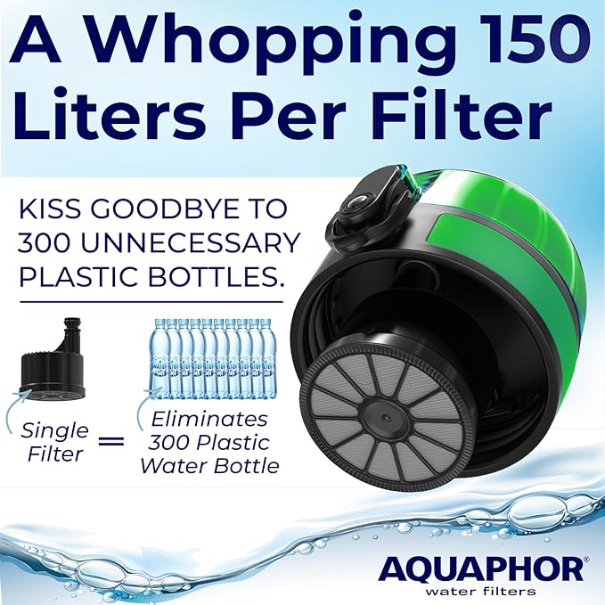 Nakii Filtered Water Bottle, Leakproof, BPA-Free, Motivational Markings, Travel, Everyday Use. 40-Gallon Filter, Replaces 300 Plastic Water Bottles. Includes 1 Filter, 22 FL Oz, Green by Aquaphor