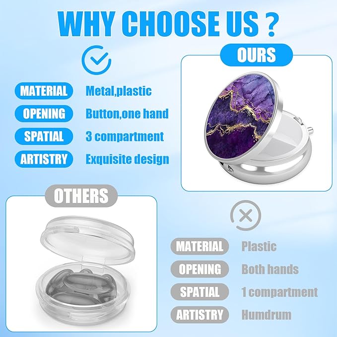 Purple Gold Marble Pill Case, Pill Box 3 Compartments Metal Small Pill Holder with Mirror Mini Travel Pill Container for Purse Pocket Women Men