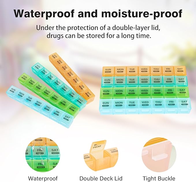 Monthly Pill Organizer, Once a Day, 4 Weeks a Month, 28 Days in a Large Pill Box, Portable for Travel, can Hold a Large Amount of Vitamins, Supplements, Fish Oil, and Medication (White)
