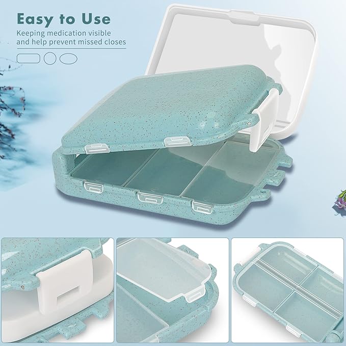 2pcs Portable Pill Case Travel Pill Organizer, Three Folding Design Daily Pill Organizer, Pill Box for Purse Pocket to Hold Vitamins,Cod Liver Oil,Supplements and Medication, Light Blue