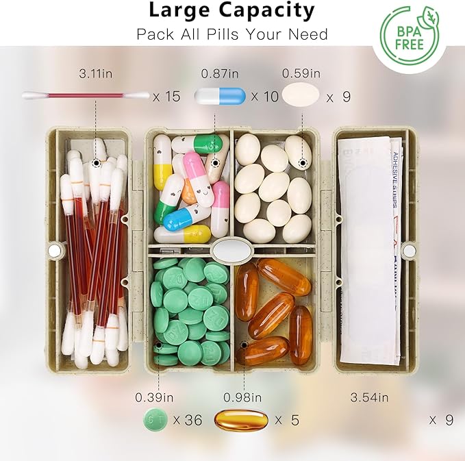 FYY Travel Pill Organizer with Blank Lables,6 Compartments Magnetic Pill Organizer Pill Box for Purse Pocket to Hold Vitamins,Cod Liver Oil,Supplements and Medication-Khaki