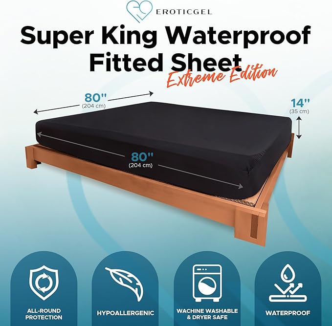 Extreme Super King Waterproof Fitted Sheet, 14'' Deep Pocket, 100% Black Mattress Protector, Safe with Oil, Water-Based, & Silicone-Based Massage Products, Machine Washable, Noiseless, Hypoallergenic