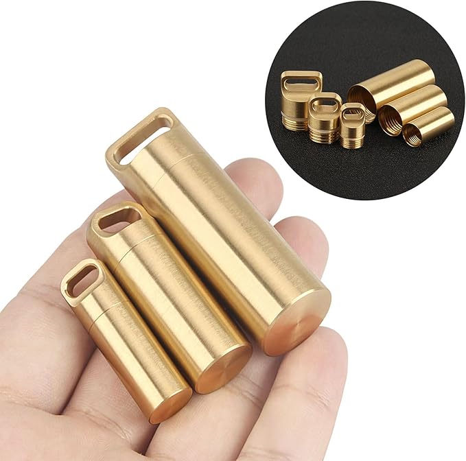 Brass Seals Bottles Keychain,Portable Waterproof Pill Case Key Chain, Mini Canister Medicine Capsule Bottle Pill Container for Outdoo Camping & Travelling EDC Tool, Large