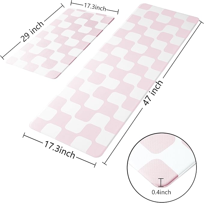 Pink Retro Curvy Checkered Grid Checkerboard Kitchen Rug Sets [2 PCs], Anti-Fatigue, Waterproof Non-Slip Kitchen Mats Heavy Duty Comfort Foam Rug for Floor, Home, Laundry,17"x29"+17"x47"